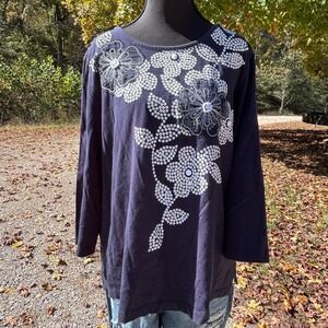 Alfred Dunner Women's Floral Embellished Top Navy Blue white 3/4 Sleeve- large